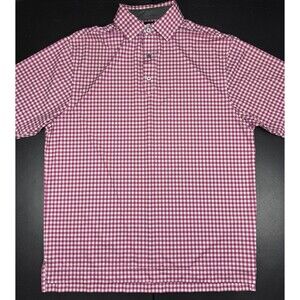 Footjoy FJ Pink Plaid Checks Logo Short Sleeve Golf Polo Shirt Mens Medium